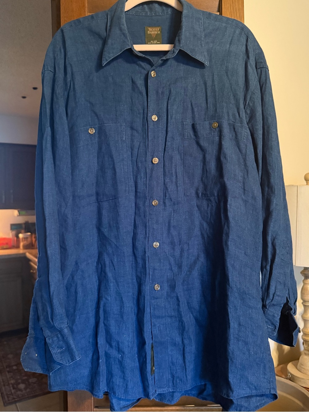 Scott Barber blue 100% linen shirt size L EUC